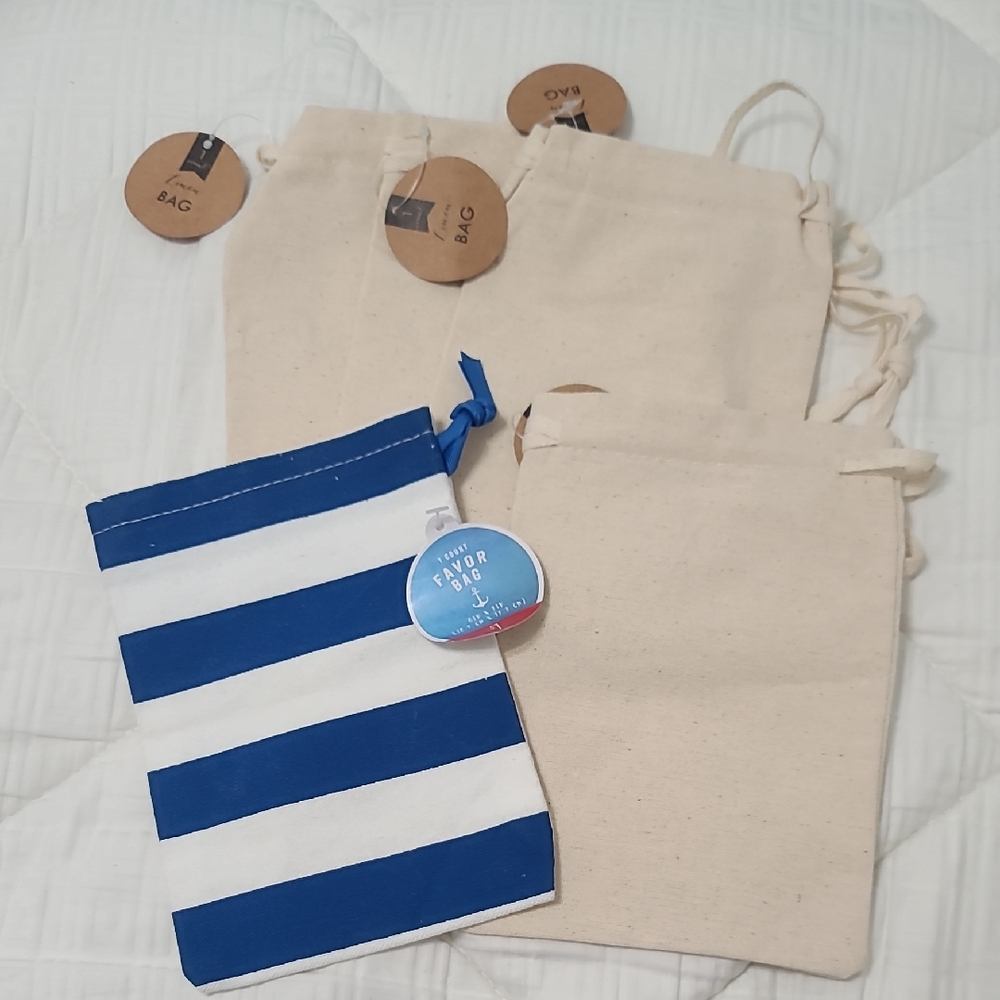 Striped Blue and White Cotton Drawstring Bag Set (4)